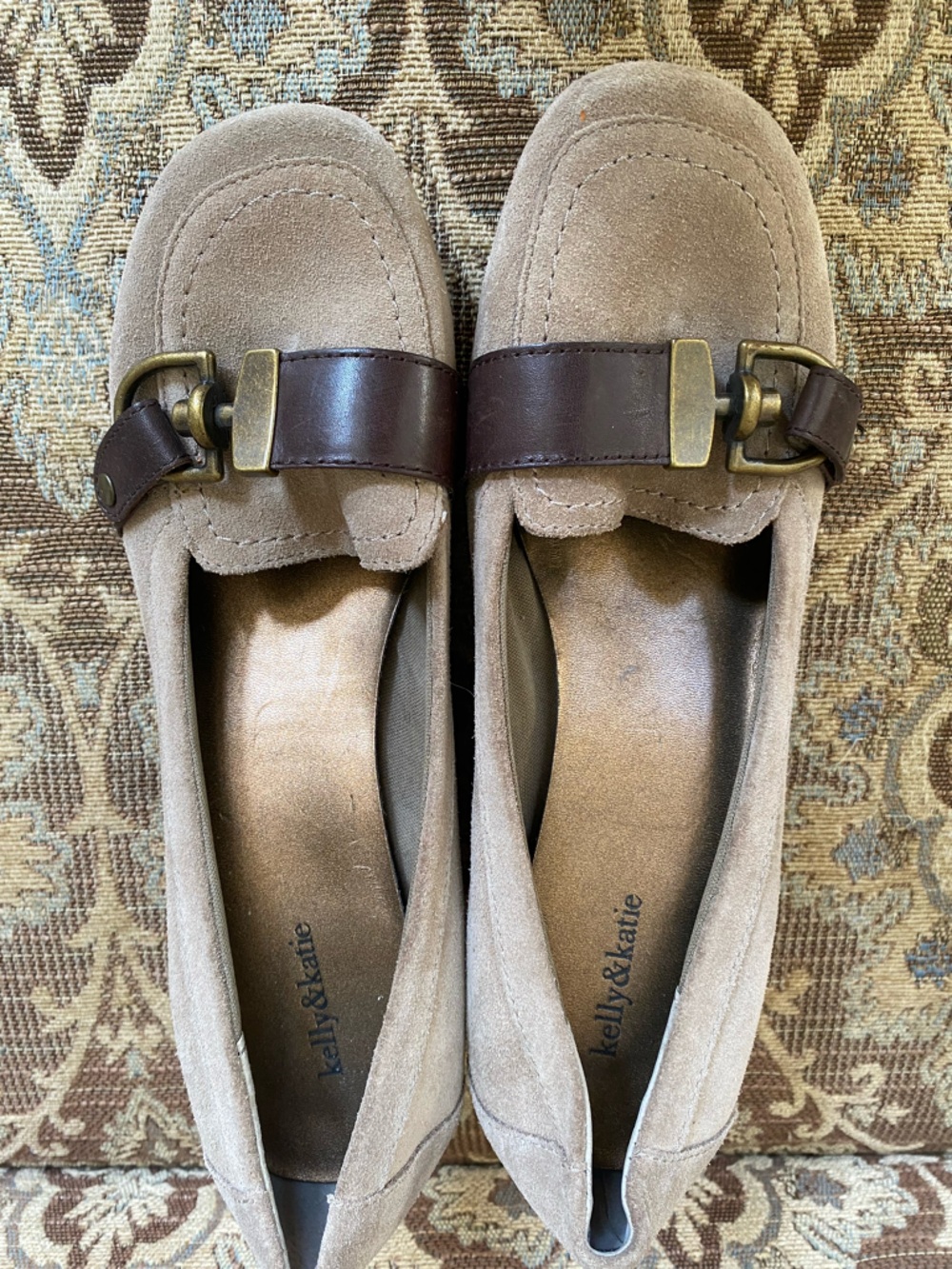 Kelly & Katie Taupe Suede Wedge Slip On Buckle Round Toe Wedge Heel 8.5M